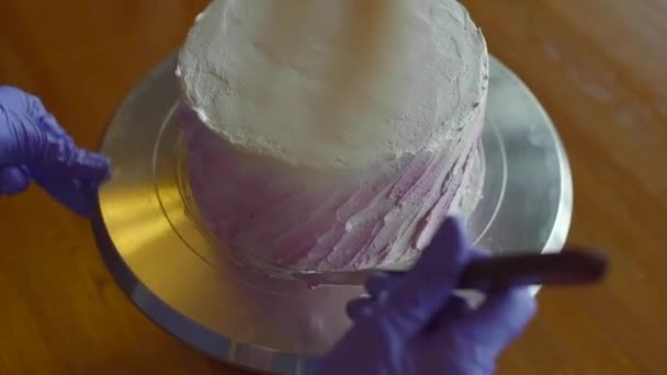 Chef garnish cake with  stripes — Stock Video