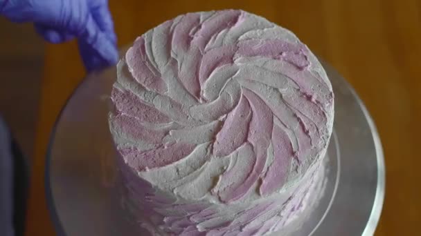 Chef garnish cake with  stripes — Stock Video