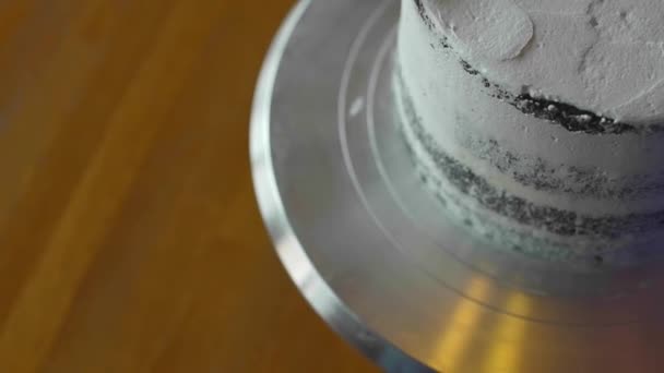 Pastry chef garnishing  cake — Stock Video