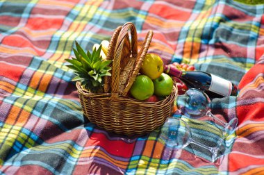 meyve sepeti, bir şişe şarap