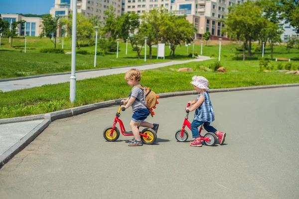 Хлопчик і дівчинка катаються на рівноважних велосипедах в літньому парку — стокове фото