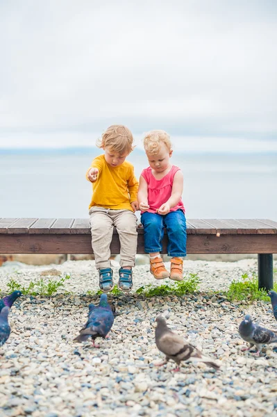 幼児の男の子と女の子、海のそばに座ってパンとハトを与え — ストック写真