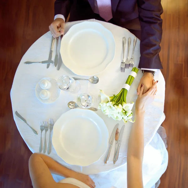 Served table for the bride and groom, Flat lay — Stock Photo, Image