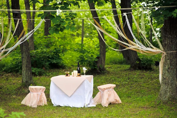 桌子上摆的新娘和新郎在森林里 — 图库照片