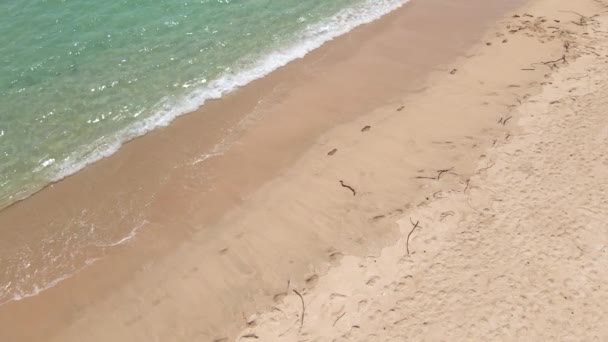 Lassan mozgó légi felvétel egy fiatalemberről, aki egy gyönyörű strandon kocog. Az egészséges életmód és a sport fogalma — Stock videók