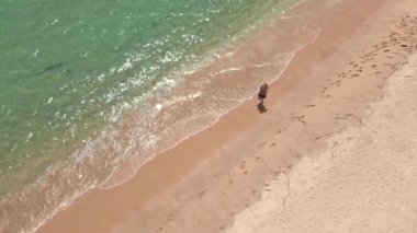 Güzel bir plajda koşan genç bir kadının yavaş çekim görüntüsü. Sağlıklı yaşam tarzı ve spor anlayışı