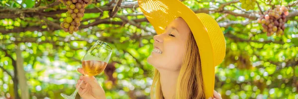 Egy nő egy pohár borral a szőlőben BANNER, hosszú FORMAT — Stock Fotó