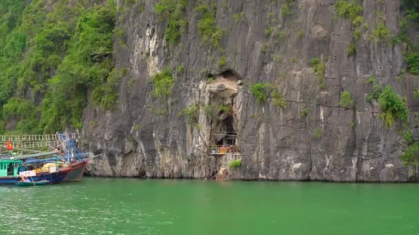 Statki wśród skał Parku Narodowego Halong Bay w Wietnamie składające się z tysięcy małych i dużych wysp wapiennych. Podróż do Wietnamu — Wideo stockowe