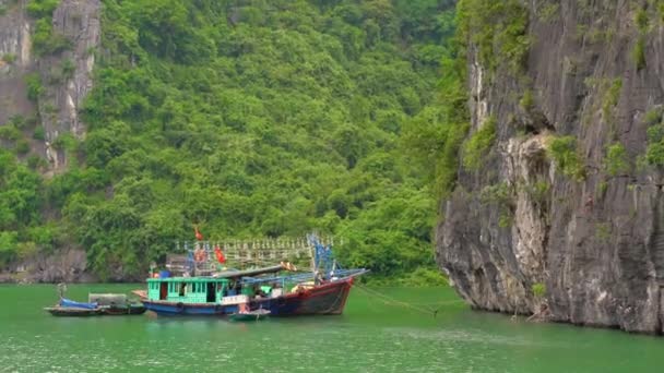 Schepen tussen de rotsen van het Halong Bay National Park in Vietnam, bestaande uit duizenden kleine en grote kalkstenen eilanden. Reis naar Vietnam concept — Stockvideo