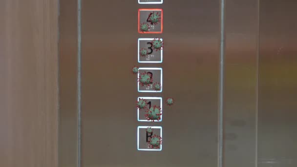 电梯按钮上的冠冕。Covid-19的预防传播概念。接触公共表面所造成的污染 — 图库视频影像