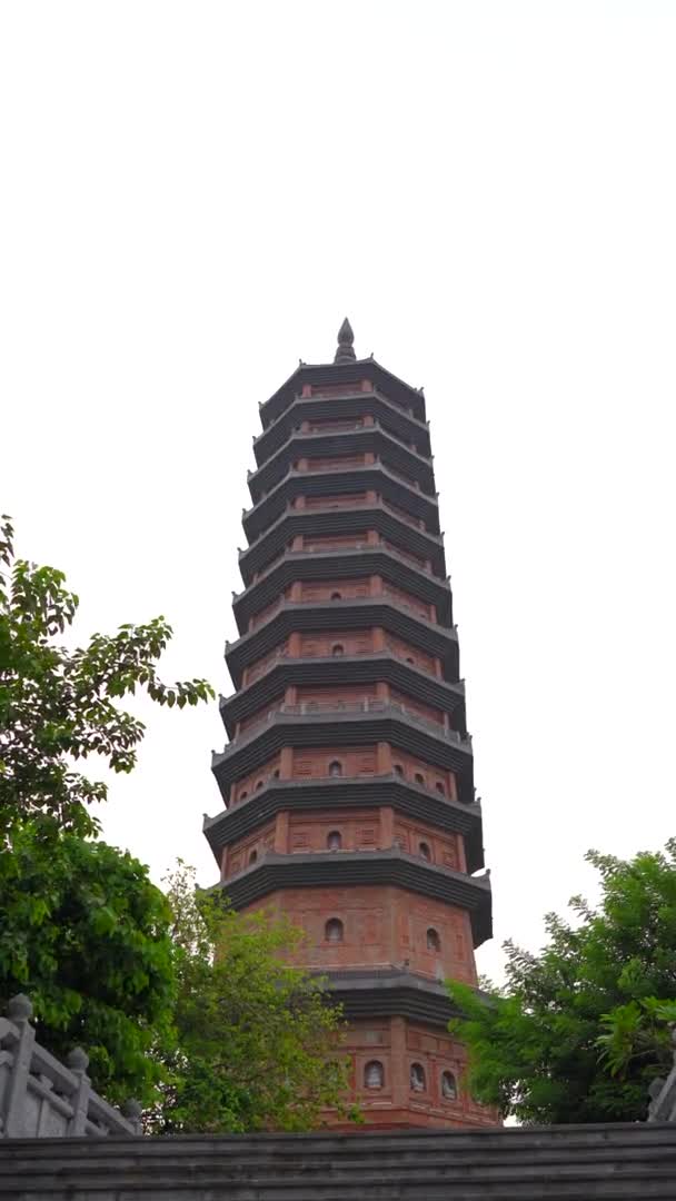 Dikey video. Ninh Binh Vietnams tapınağındaki Bai Dinh tapınağındaki dev kule. Vietnam 'a seyahat — Stok video