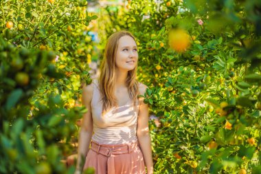 Tet Tatillerinde güzel beyaz bir turist kadın. Vietnam Çin Yeni Yılı İlkbaharda