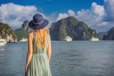 Elbiseli çekici bir kadın Halong Körfezi 'nde seyahat ediyor. Vietnam. Asya 'ya seyahat, mutluluk duygusu, yaz tatili konsepti. Resimli deniz manzarası. Ha Long Körfezi, Vietnam