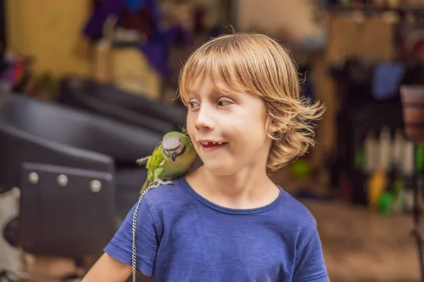 Kid playing with his pet green parrot — Stock Photo, Image