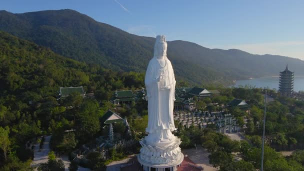 Aerial shot of the so-called Lady Buddha in the city of Danang. Tourist destination in central Vietnam. Travel to Vietnam concept — Stock Video