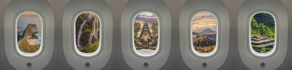Památky na Bali, Indonésie, jak je vidět oknem letadla. Pozadí pro otevření cestovního ruchu na Bali, Indonésie — Stock fotografie