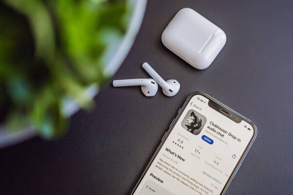 February 23, 2021, USA, New York: Clubhouse audio chat application view on the smartphone IPhone 12 pro. Clubhouse gained incredible popularity in early 2021