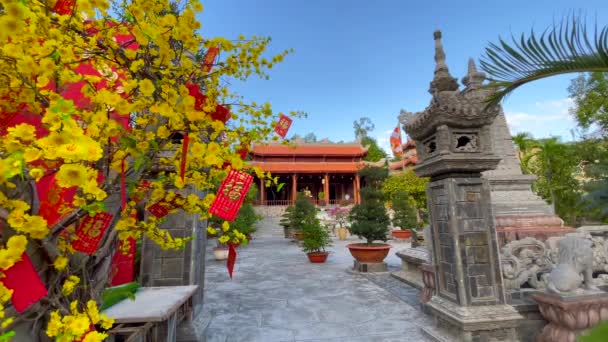 Lassított felvétel a Long Son Pagoda a város Nha Trang, Vietnam. Az angol fordítás a nem angol nyelvű szöveg, amely megjelenik ebben a tartalomban a WISHES OF A PROSPEROUS ÚJ ÉV, EGÉSZSÉGÜGY, és — Stock videók