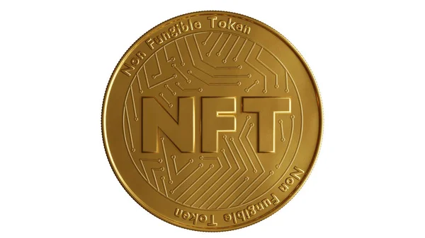Nft - μη ανταλλάξιμη έννοια συμβόλου. 3D render - Κέρμα με επιγραφή NFT — Φωτογραφία Αρχείου