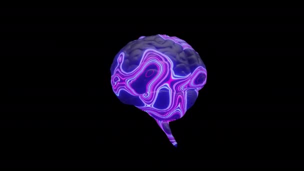 Imagem 3D de um cérebro rotativo com linhas coloridas aparecendo nele e se movendo. Conceito de imaginação. Sinais no cérebro — Vídeo de Stock
