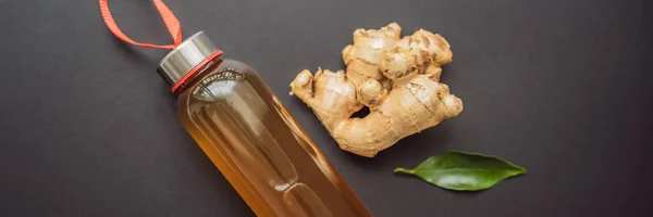 Ginger Ale - Bebida probiótica orgánica de limón y jengibre casera o Kombucha, espacio de copia BANNER, FORMATO LARGO — Foto de Stock