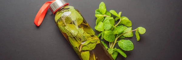 Kombucha τσάι super food pro biotic ποτό σε ποτήρια με μέντα σε ξύλινο φόντο - σπιτικό υγιεινό οργανικό ζυμωμένο προβιοτικό ποτό BANNER, LONG FORMAT — Φωτογραφία Αρχείου