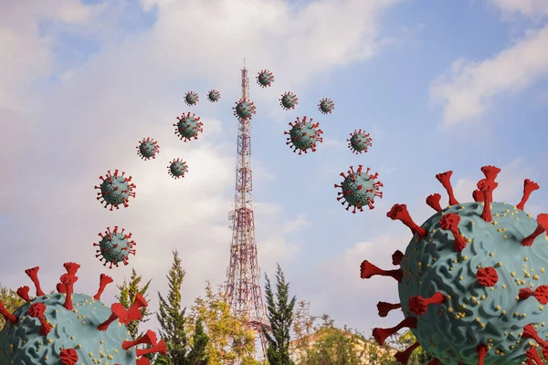 Covid-19 Coronavirus flies out of the 5g tower 3D image — Stock Photo, Image