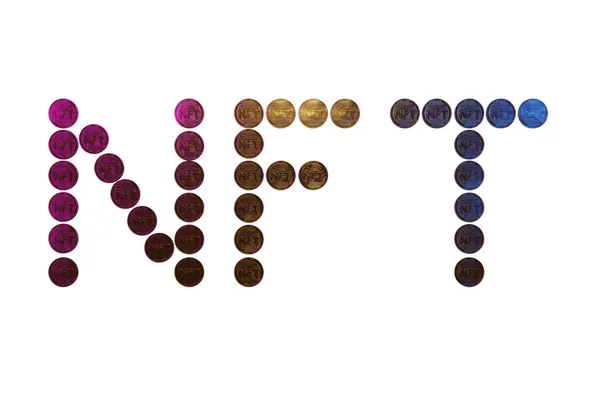 Надпись NTF из монет NFT невзаимозаменяемые токены для искусства и предметов коллекционирования, технология блокчейн для создания уникальных цифровых предметов — стоковое фото