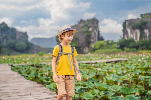 Lotus Gölü 'nün yanındaki yoldaki sarı yoldaki çocuk. Mua Mağarası, Ninh Binh, Vietnam. Vietnam, Coronovirus COVID 19 konseptinden sonra yeniden açıldı. — Stok fotoğraf