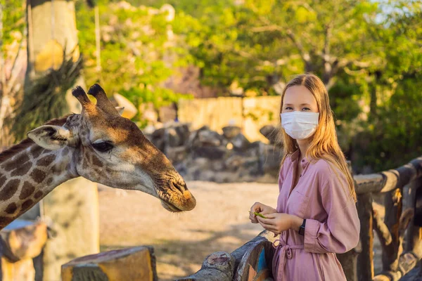 코로나 바이러스 (COVID-19 coronavirus) 로 치료용 마스크를 쓰고 동물원에서 기린을 관찰하고 먹이를 주는 행복 한 젊은 여성. 따뜻 한 여름날, 사파리 공원에서 재미있게 노는 행복 한 젊은 여자 — 스톡 사진