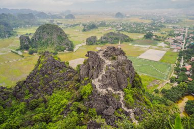 Hang Mua tapınağının en iyi tapınağı, pirinç tarlaları, Ninh Binh, Vietnam. Vietnam, Coronovirus COVID 19 karantinasından sonra sınırları yeniden açıyor.