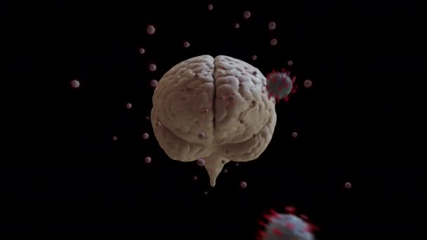3D-återgivning. Coronvirus tränger in i en mänsklig hjärna. Begreppet långvariga effekter av COVID-19 på människans hjärna — Stockvideo