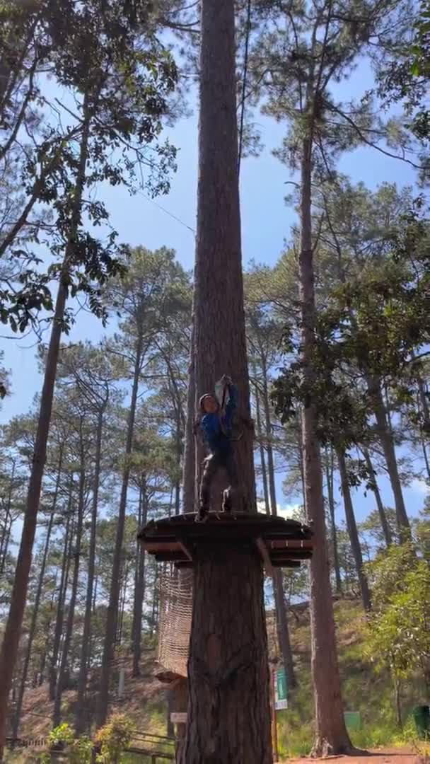 Video Vertikal. Perlahan-lahan menembak seorang anak laki-laki dengan helm kuning yang bersenang-senang di taman petualangan memanjat tali — Stok Video