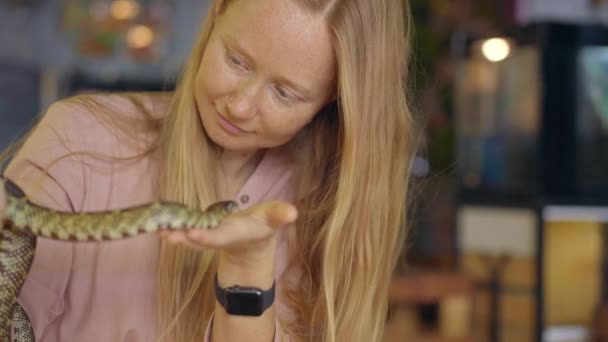 A woman visits a cafe with exotic animals. Cafe where you can contact with animals. She is touching a snake — Stock Video