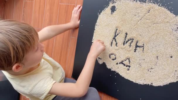 Mały chłopiec pisze listy na tablicy pokrytej nasionami komosy. — Wideo stockowe