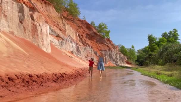 Tiro em câmara lenta. Uma família caminha ao longo de um desfiladeiro vermelho ou riacho de fadas na fronteira do deserto na aldeia Mui Ne, no sul do Vietnã. Tiro em um telefone — Vídeo de Stock