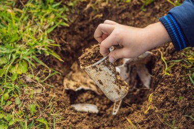 Çocuk geri dönüşüm çalıyor. Plastik tek kullanımlık tabakları ve ayrıştırılabilir tabakları gömüyor. Birkaç ay sonra, bulaşıkları kazıp çıkardı ve ayrıştırılabilir tabakların çözülmeye başladığını gördü.