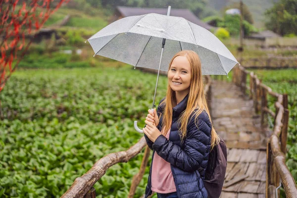 Touristin mit Regenschirm in Sapa im Nebel, Nordwest-Vietnam. Vietnam Reisekonzept. UNESCO-Weltkulturerbe. Vietnam öffnet sich für den Tourismus nach Quarantäne Coronovirus COVID 19 — Stockfoto