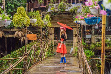 Vietnam dağları sakinleri Hmong 'un geleneksel elbisesini giymiş bir kadın turist. Sapa 'da siste, Kuzeybatı Vietnam' da bir kadın. Vietnam seyahat konsepti. UNESCO Mirası