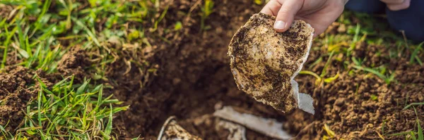 BANNER, LONG FORMAT boy plays recycling. He buries plastic disposable dishes and biodegradable dishes. After a few months, he dug up the dishes and saw that the biodegradable dishes began to decompose — Stock Photo, Image