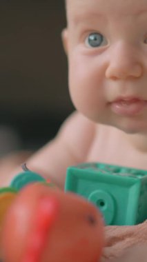 3 aylık bir erkek bebek yerde yatar ve oyuncaklarla oynar. Erken gelişim sırasında karın ve duyusal keşiflerin tadını çıkarır..