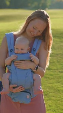 Genç anne, güneşli bir günde bebeğiyle parka gidip ergonomik bir taşıyıcıyla kaliteli zaman ve doğanın tadını çıkarıyor..