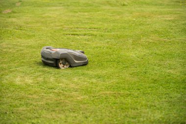 Çimen arka planı. Çim biçiyorum. Çim biçme. Çim ekipmanları. Arka plan kesiliyor. Çim biçme makinesi. Tarlada çim biçmek. Çim biçme makinesi