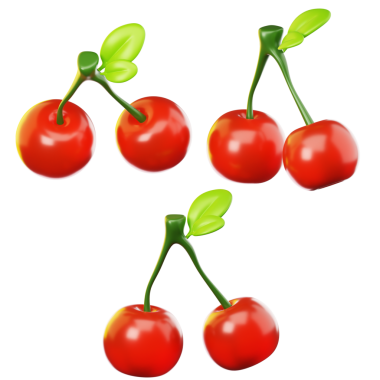 Üç boyutlu taze kirazlar, üç farklı bakış açısıyla. Şeffaf bir arkaplanda. Şeffaf bir arkaplanda. Üç boyutlu illüstrasyon. Yüksek çözünürlük