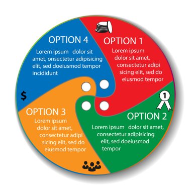 Vektör çemberi bilgisi. Şablon, grafik, sunum ve grafik. 4 seçenekli iş konsepti, parçalar, adımlar veya süreçler. Soyut arkaplan