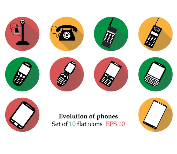 Εξέλιξη των τηλεφώνων. Τα τηλέφωνα έχουν τεχνολογία. Τηλέφωνα Set πρότυπο. Τα τηλέφωνα έχουν σημειώσει πρόοδο. Εικονίδιο σετ τηλέφωνα. Τηλέφωνα σετ smartphone. Τα τηλέφωνα είναι επίπεδη. Τα τηλέφωνα ορίζουν διάνυσμα. Τηλέφωνα που έχουν αντικείμενο. Τηλέφωνα σετ τέχνης — Διανυσματικό Αρχείο