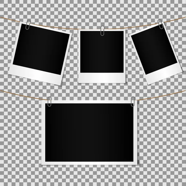 Набір порожньої фотографії поляроїдної рамки, прикріпленої паперовим затискачем до шнура — стоковий вектор