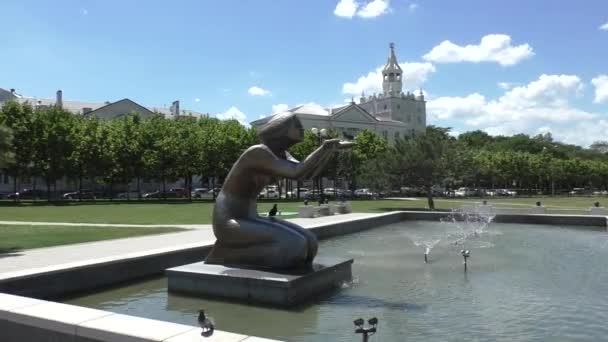 Фонтан зі статуєю жінка – міський пейзаж — стокове відео