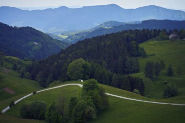 Yeşil Sloven dağlarının arasından geçen asfalt yol