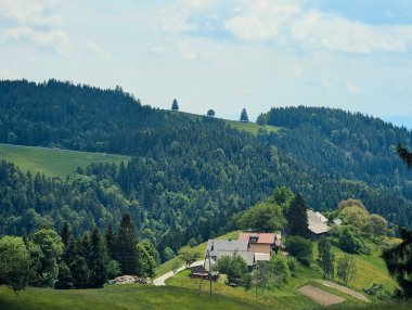 Slovenya dağlarında virajlı yolları olan resimli bir dağ köyü.